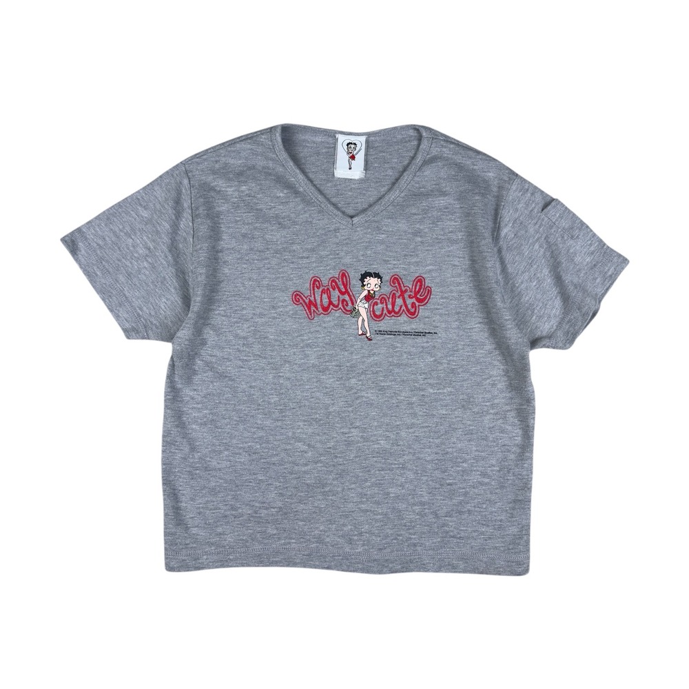 Vtg Betty Boop Graphic V-Neck Womens Small Gray Cropped Tee Way Cute Cartoon Y2K